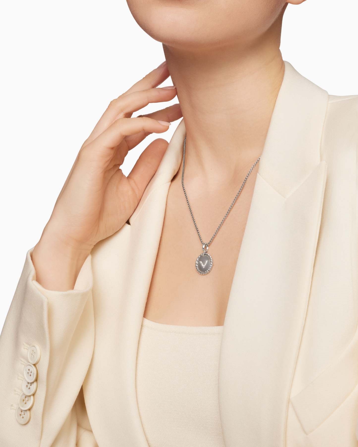 Initial Charm Necklace Sterling Silver with Diamond V