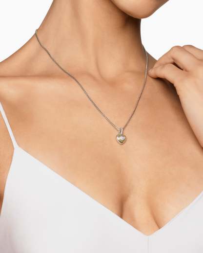 Petite Cable Heart Pendant Necklace Sterling Silver with 14K Yellow Gold and Diamonds