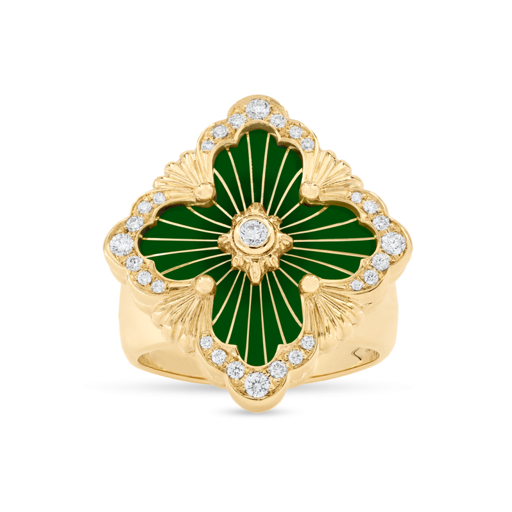 OPERA TULLE GOLD RING WITH GREEN ENAMEL BACKGROUND AND RADIAL TULLE