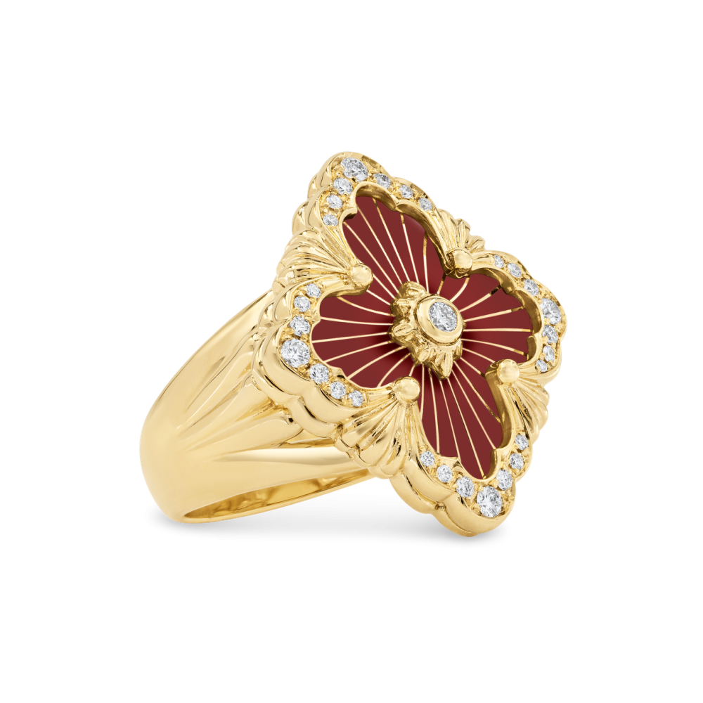 OPERA TULLE YELLOW GOLD RING WIT RED ENAMEL BACKGROUND AND LOGO