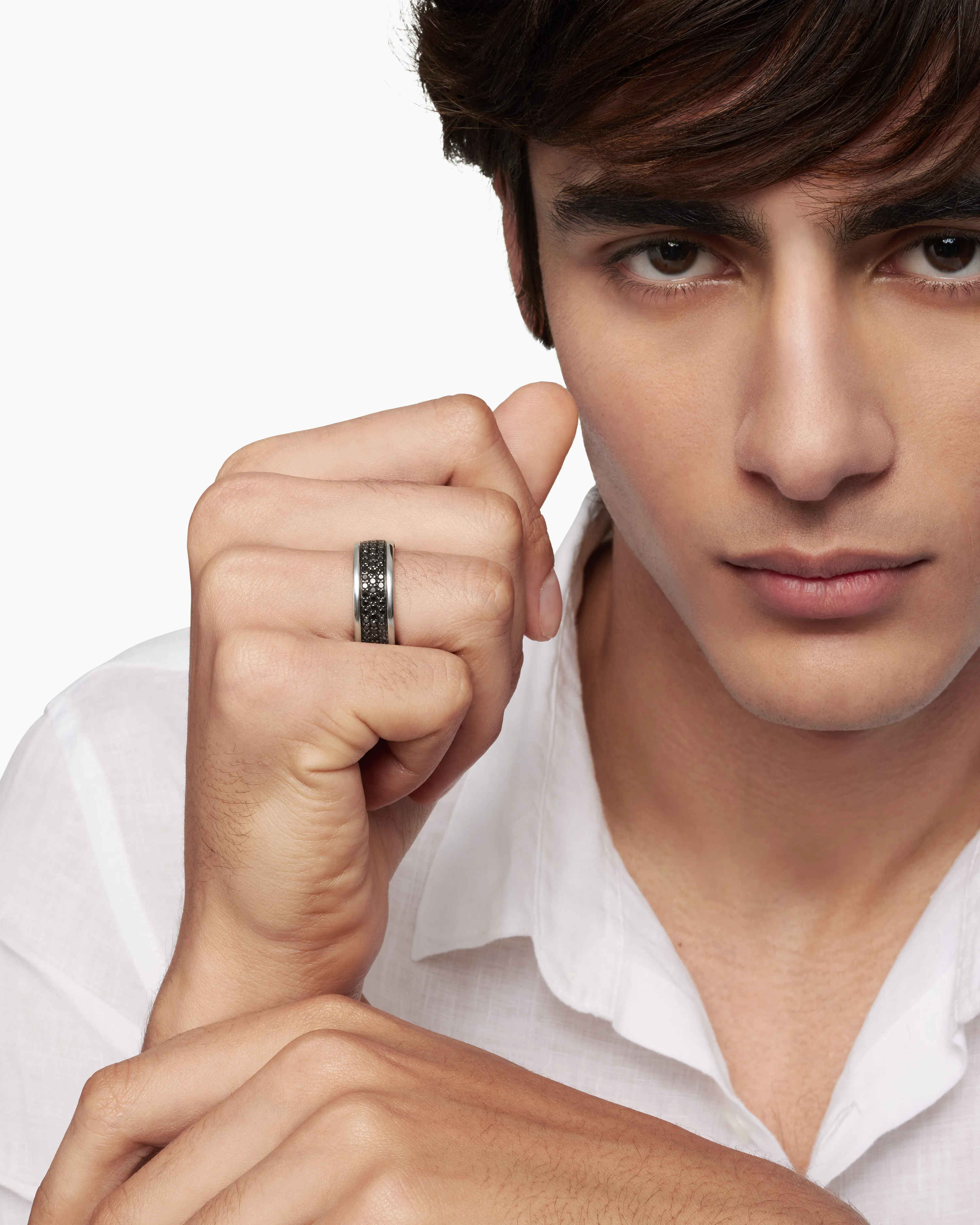 Streamline® Three Row Band Ring Sterling Silver with Black Diamonds, 8.5mm