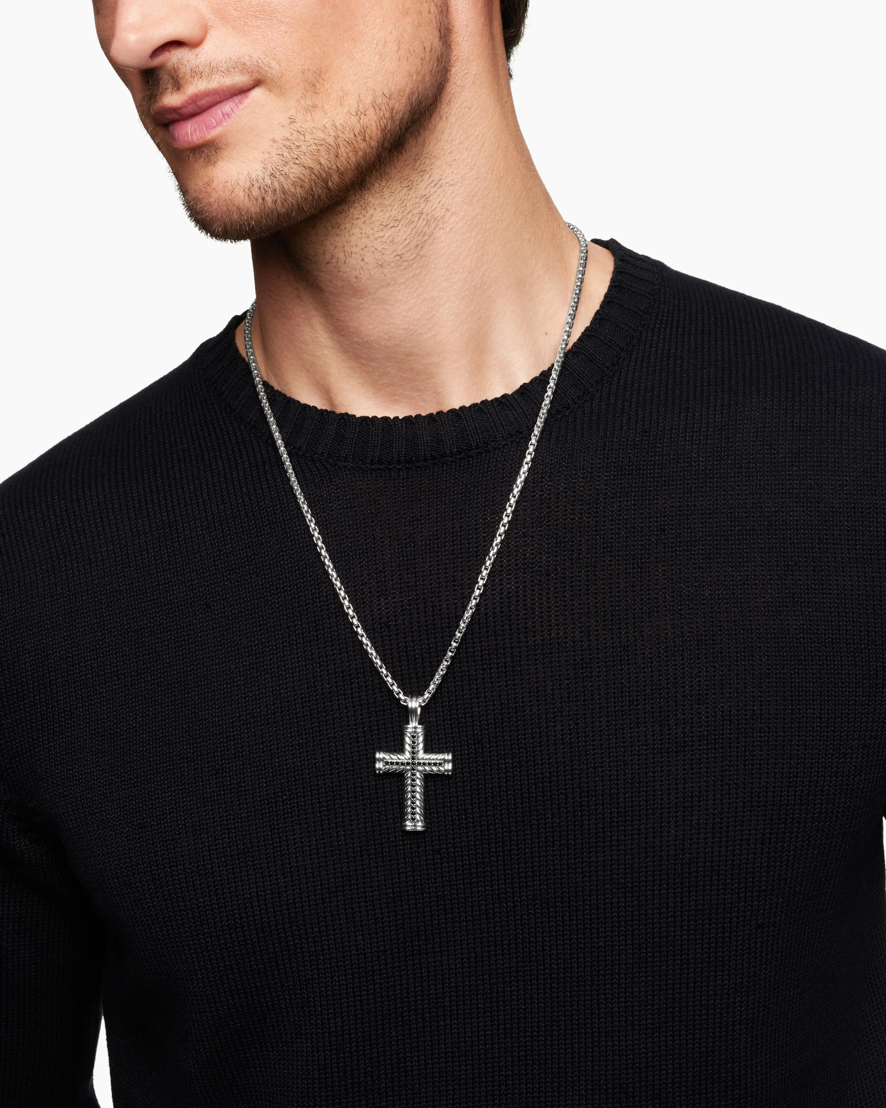 Chevron Cross Pendant Sterling Silver with Black Diamonds