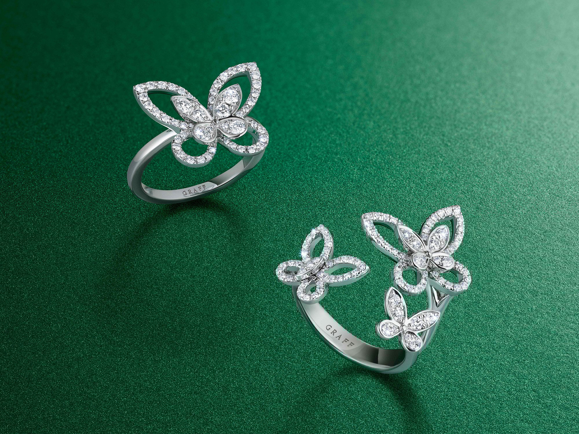 Double Butterfly Silhouette Diamond Ring and Triple Butterfly Silhouette Diamond Ring from the Grthtaff jewellery collection.
