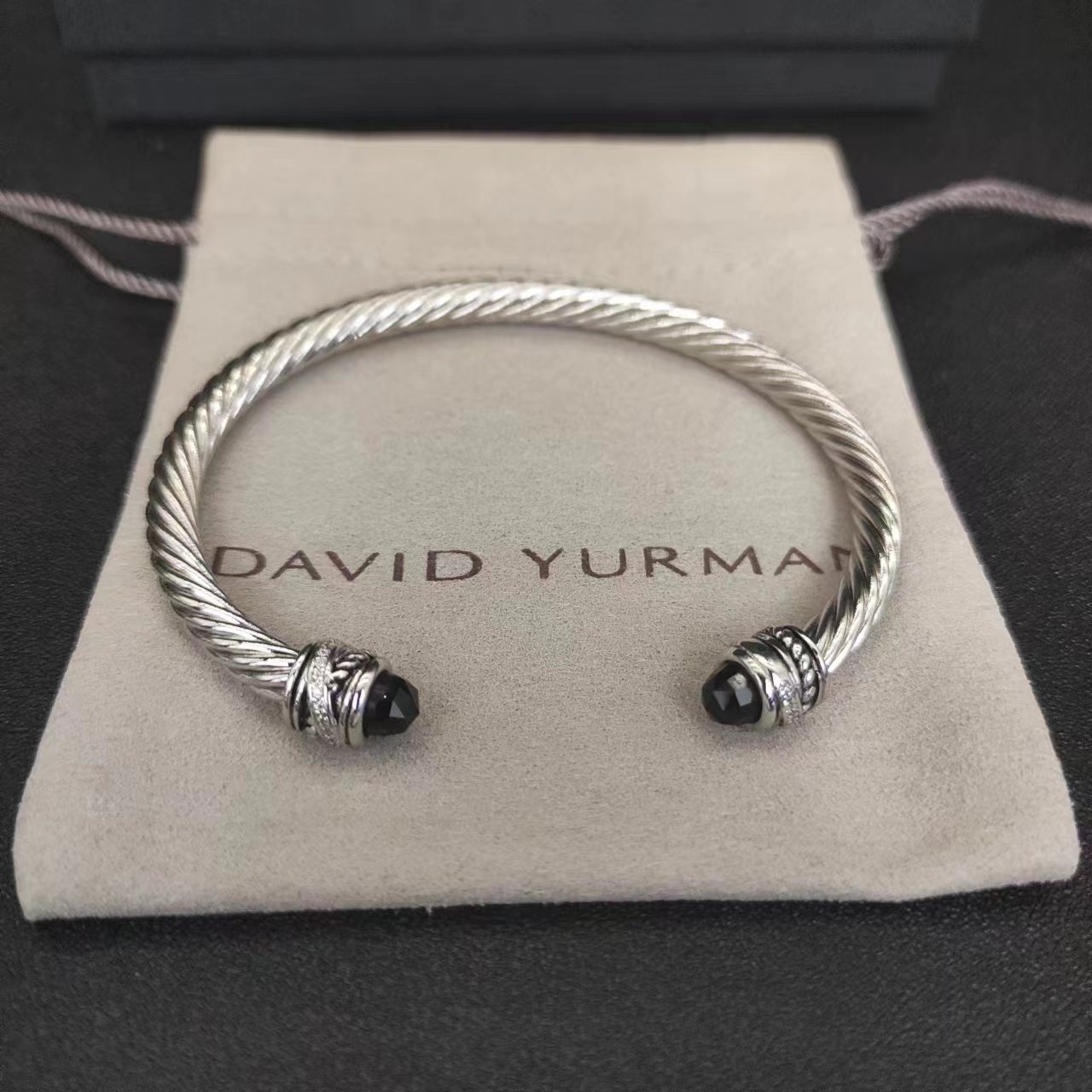 Classic Cable Bracelet Sterling Silver with Black Onyx and Diamonds, 5mm
