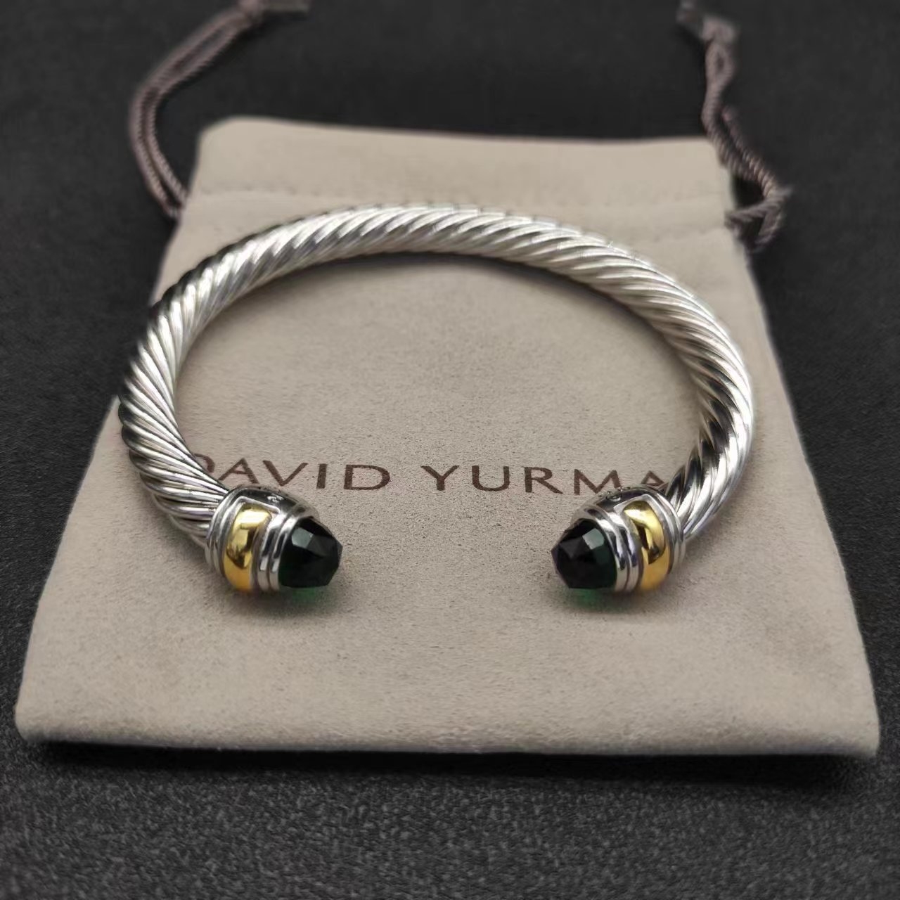 Classic Cable Bracelet Sterling Silver with 14K Yellow Gold and Prasiolite, 7mm