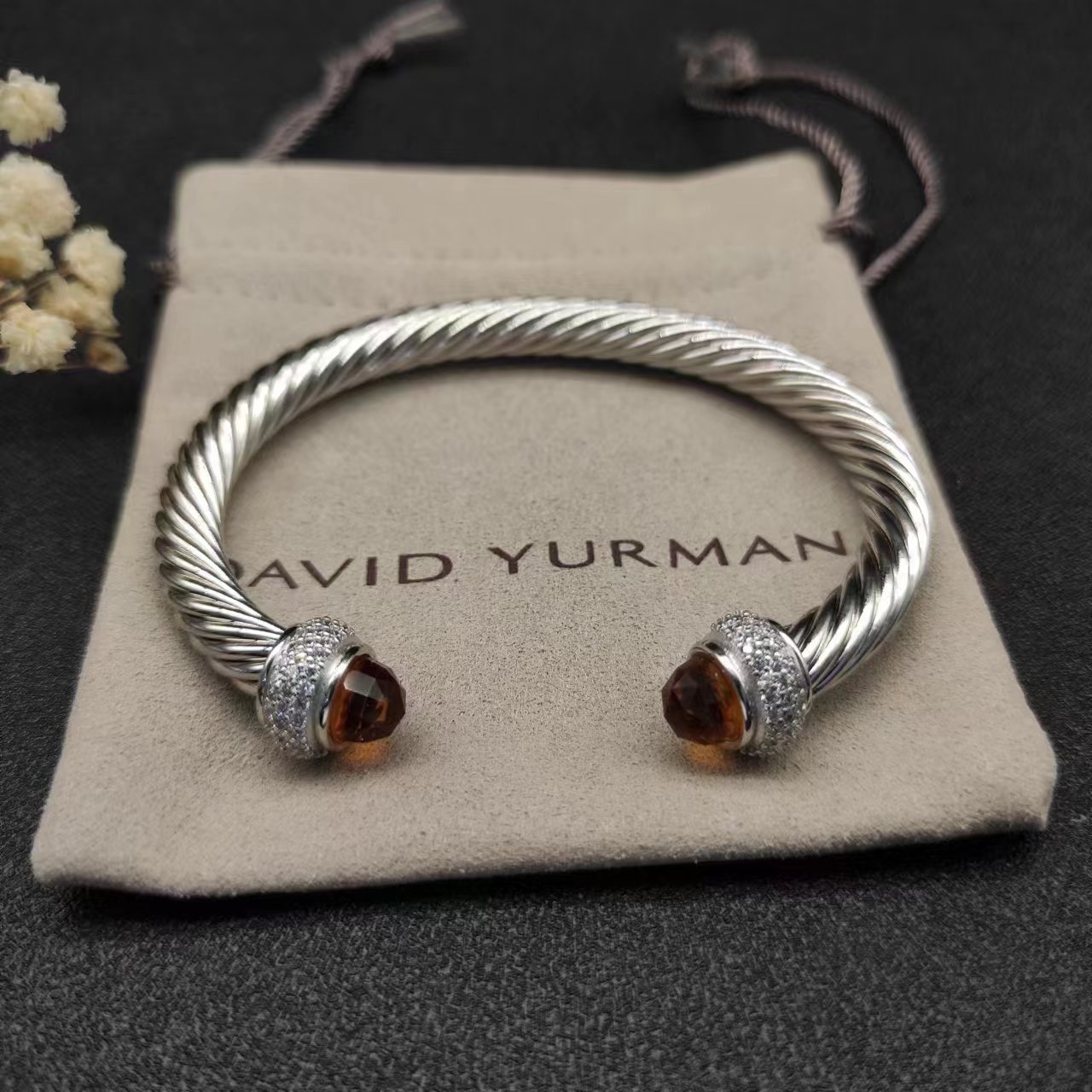 Cable Bracelet Sterling Silver with Diamonds, 7mm