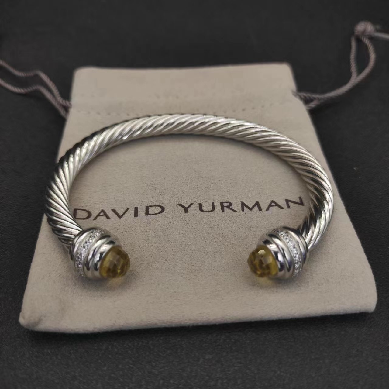 Classic Cable Bracelet Sterling Silver with Citrine and Diamonds, 7mm