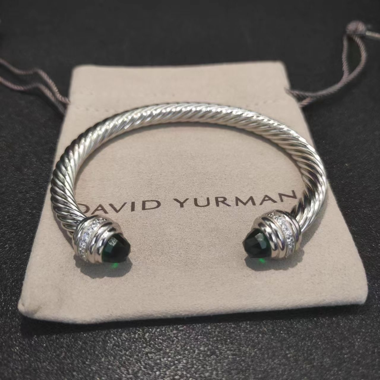 Classic Cable Bracelet Sterling Silver with Prasiolte and Diamonds, 7mm