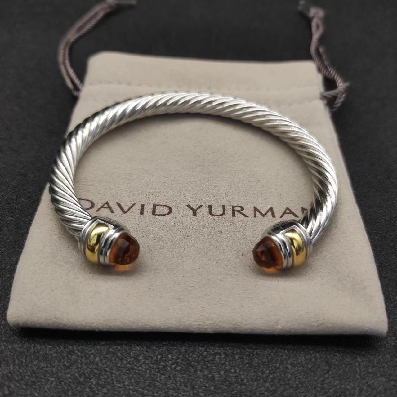 Classic Cable Bracelet Sterling Silver with 14K Yellow Gold and Champagne Crystal, 7mm
