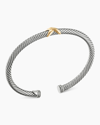 X Classic Cable Station Bracelet Sterling Silver with 18K Yellow Gold, 4mm