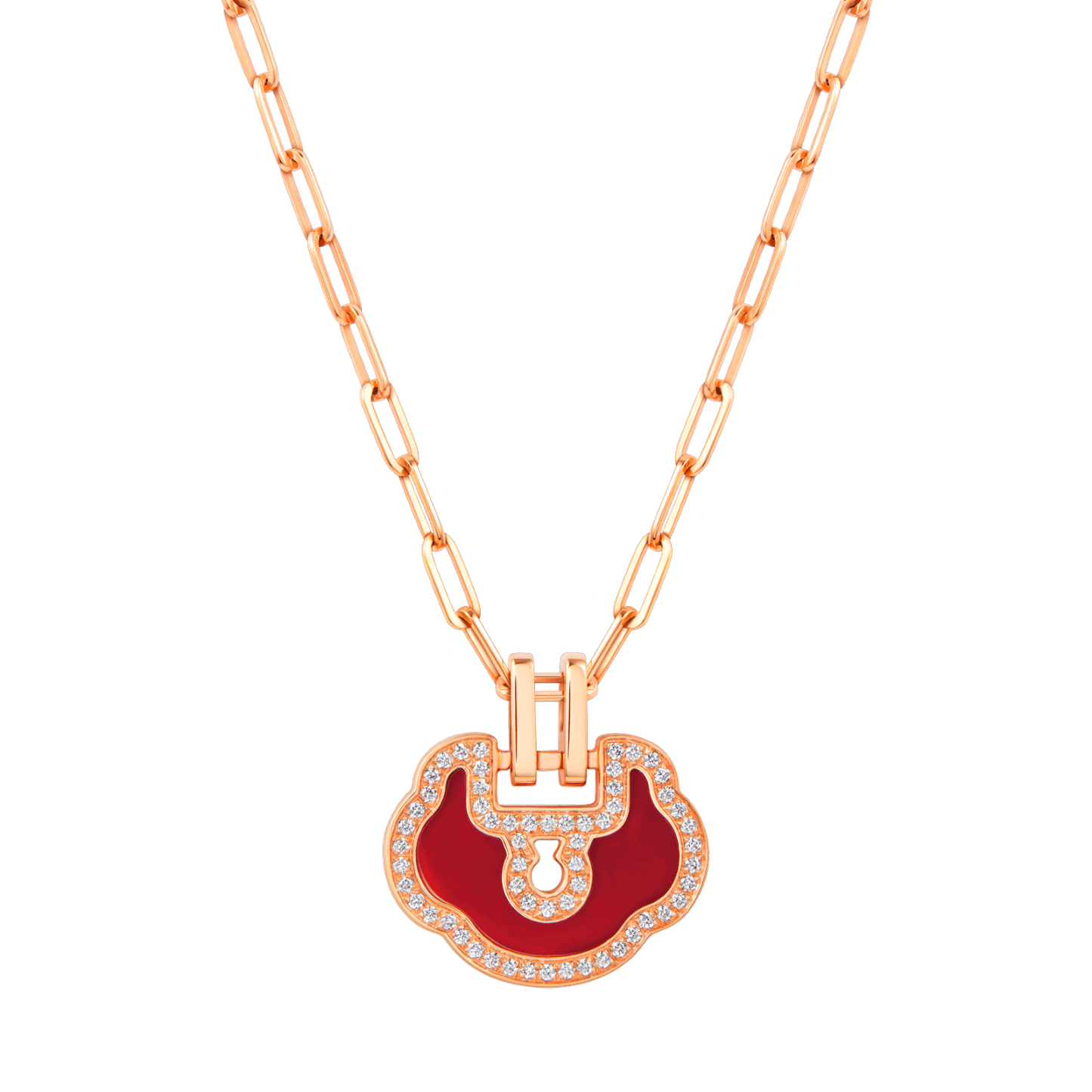 Small Yu Yi necklace in 18K rose gold with diamonds and red agate