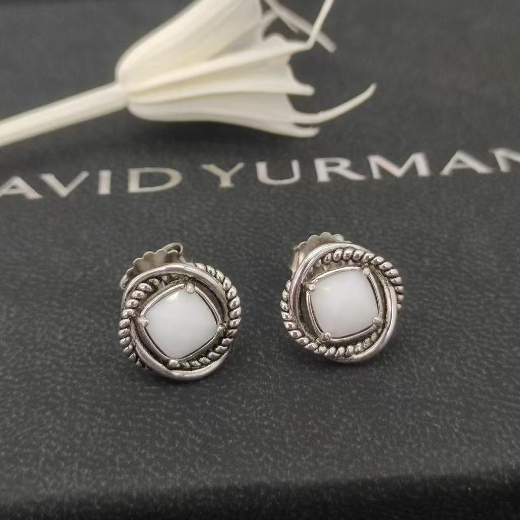 Infinity Stud Earrings Sterling Silver with White Agate, 13mm