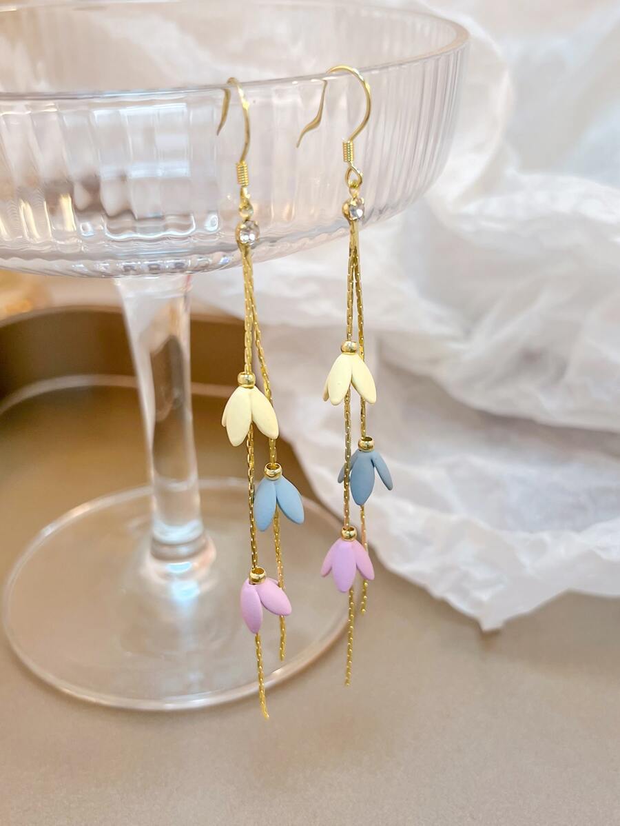 Flower & Metal Tassel Drop Earrings