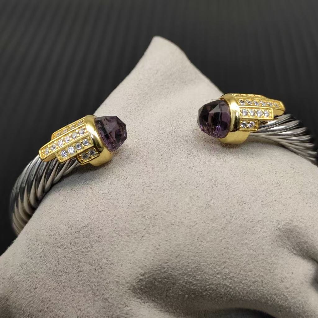 7mm Cable Bracelet with Amethyst & Diamond Accents – Gold Cap