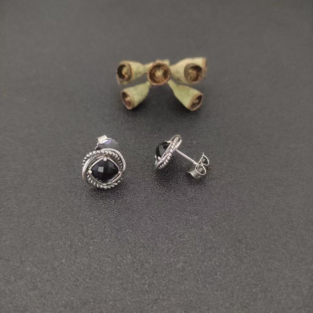 Infinity Stud Earrings Sterling Silver with Black Onyx, 13mm