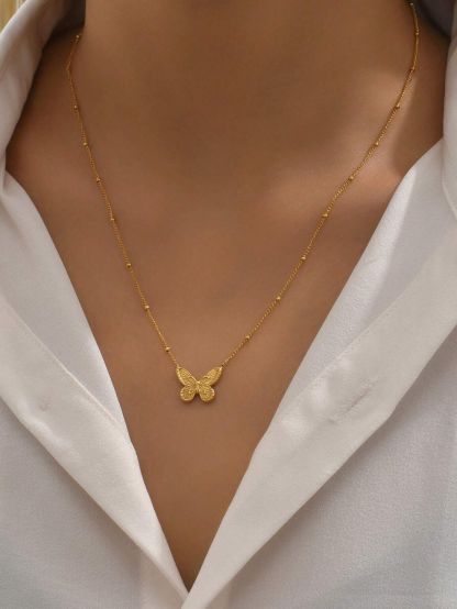 1pc Bow Ring Butterfly Gold Color Stainless Steel Necklace Suitable For Women's Daily Wear And Holiday Gift, Sister Gifts