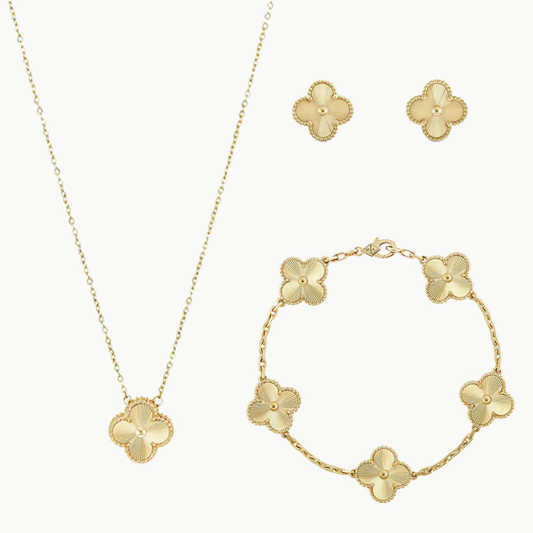 3-PIECE GOLD CLOVER JEWELRY SET: NECKLACE, BRACELET & EARRINGS