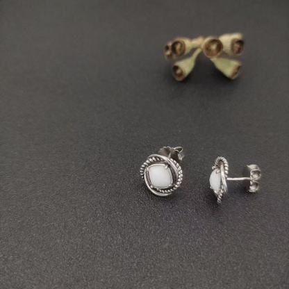 Infinity Stud Earrings Sterling Silver with White Agate, 13mm