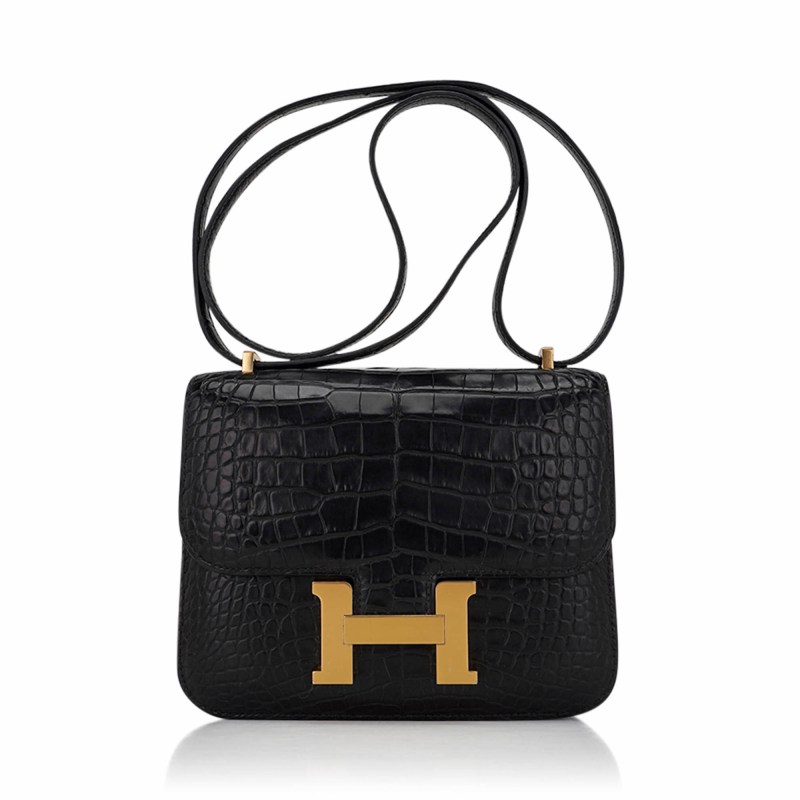 Mini Constance 18 Bag Black Matte Alligator with Gold Hardware and Mirror