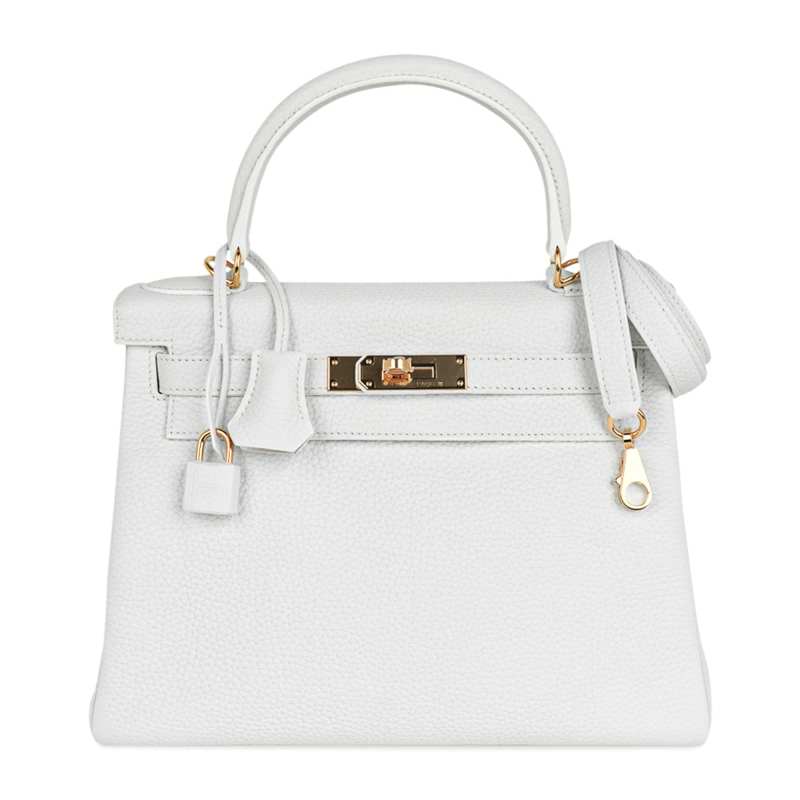 Kelly 28 Retourne Bag White Clemence Leather with Gold Hardware