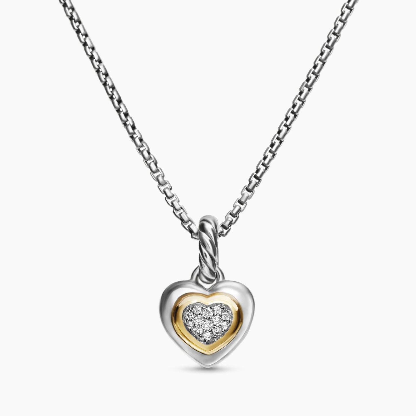 Petite Cable Heart Pendant Necklace Sterling Silver with 14K Yellow Gold and Diamonds