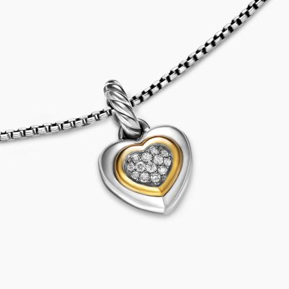 Petite Cable Heart Pendant Necklace Sterling Silver with 14K Yellow Gold and Diamonds