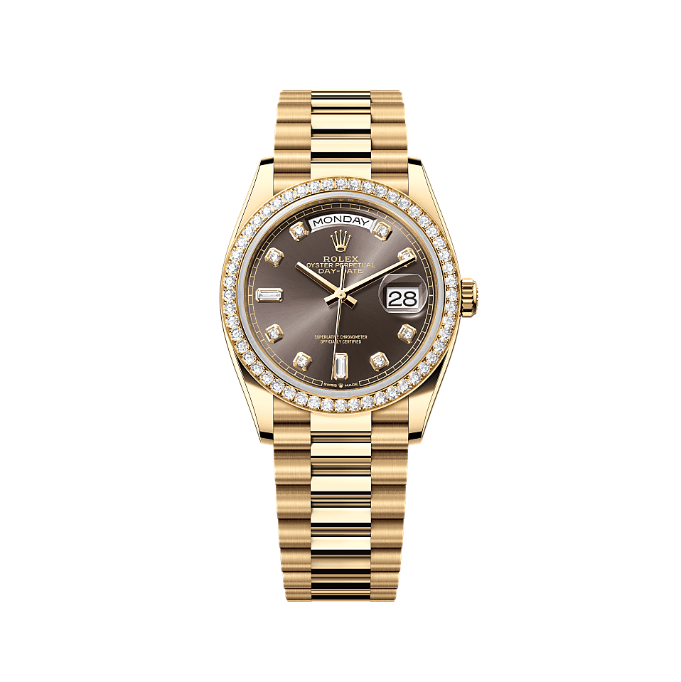 Rothtlex Day-Date 36 Oyster, 36 mm, yellow gold and diamonds Reference m128348rbr-0005
