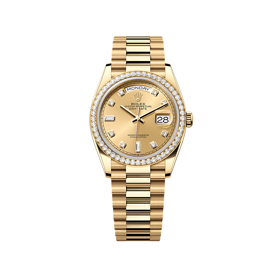 Rothtlex Day-Date 36 Oyster, 36 mm, yellow gold and diamonds Reference m128348rbr-0008