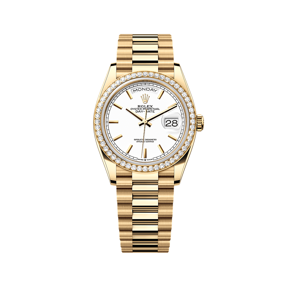 Rothtlex Day-Date 36 Oyster, 36 mm, yellow gold and diamonds Reference m128348rbr-0047