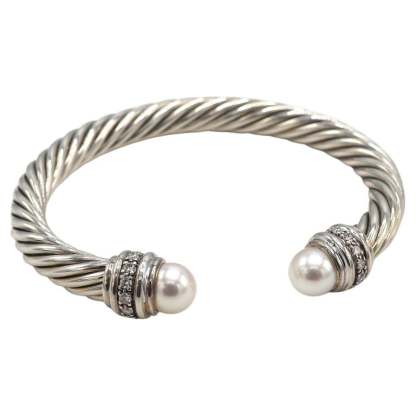 Classic Cable Bracelet Sterling Silver with Pearl & Natural Diamond Sterling 7 MM