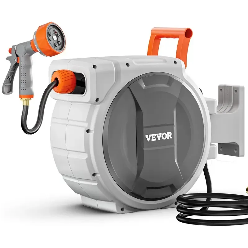 VEVOR Retractable Hose Reel, Various specifications, 100'x1/2" 180° Swivel with 9-Pattern Nozzle, Automatic Rewind, Lock at Any Length, Slow Return System
