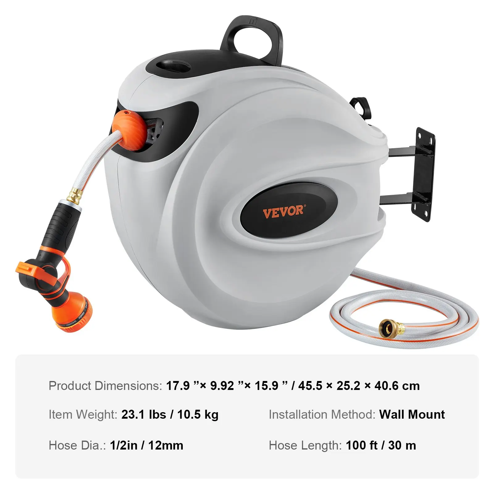 VEVOR Retractable Hose Reel, Various specifications, 100'x1/2" 180° Swivel with 9-Pattern Nozzle, Automatic Rewind, Lock at Any Length, Slow Return System