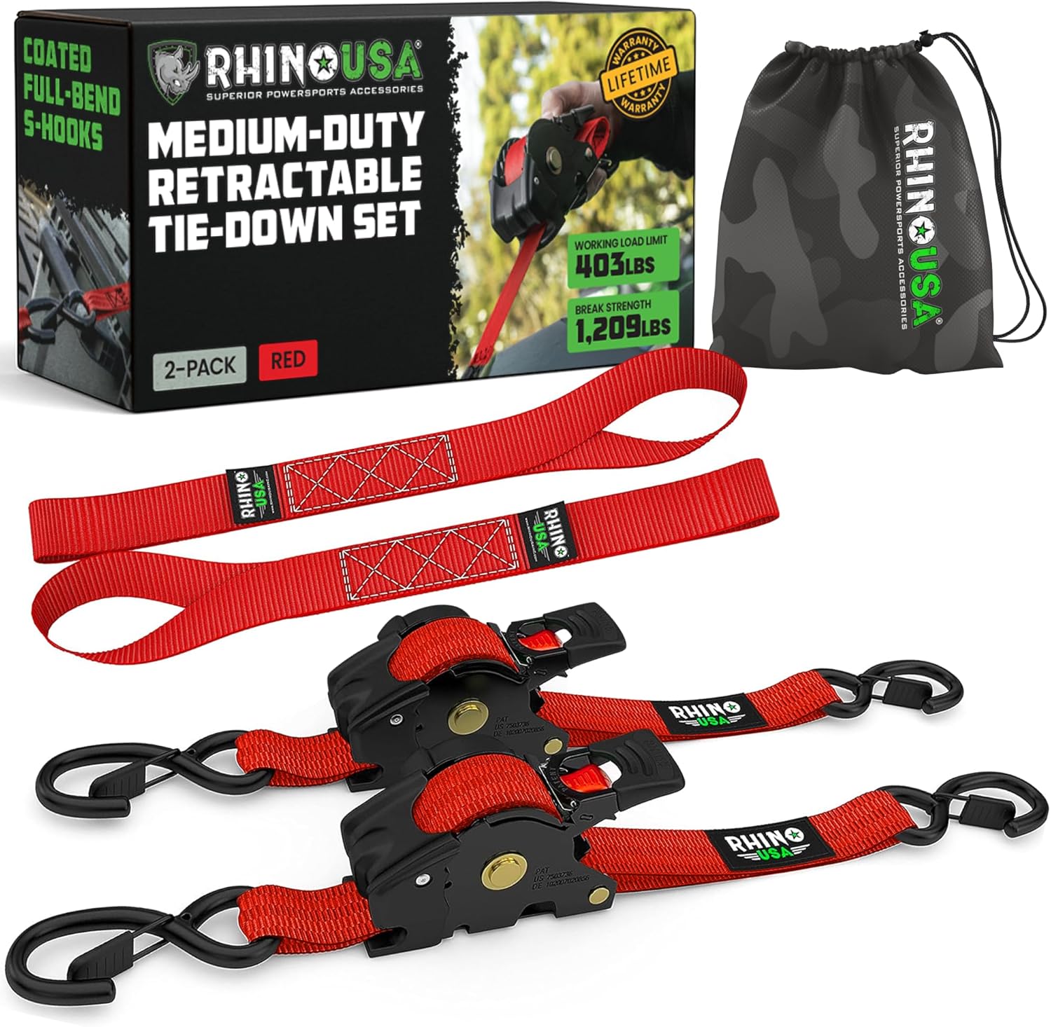 Rhino USA 2" x 10′ Self-Retracting Tie Downs – 4-Pack, 3,000+ lb Strength