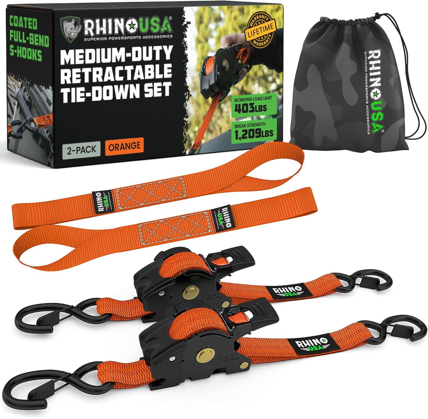 Rhino USA 2" x 10′ Self-Retracting Tie Downs – 4-Pack, 3,000+ lb Strength