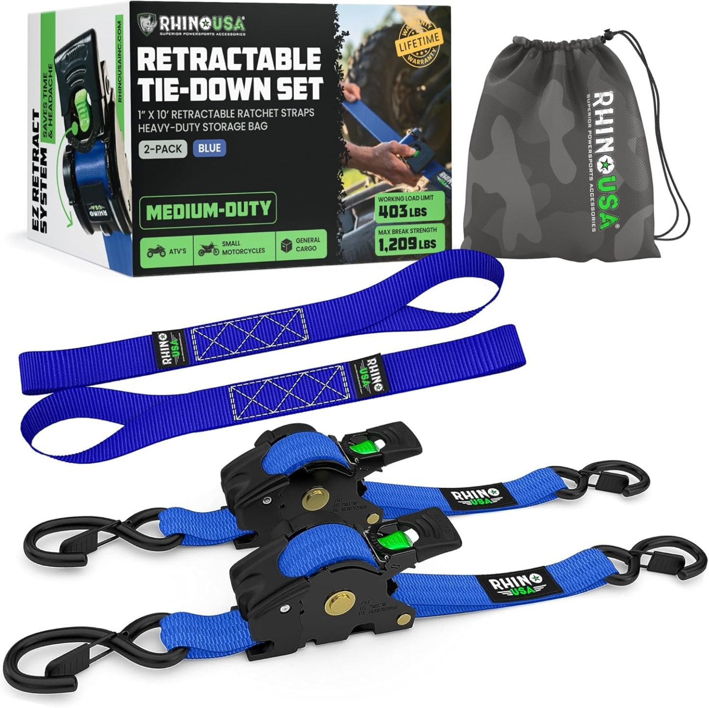 Rhino USA 2" x 10′ Self-Retracting Tie Downs – 4-Pack, 3,000+ lb Strength