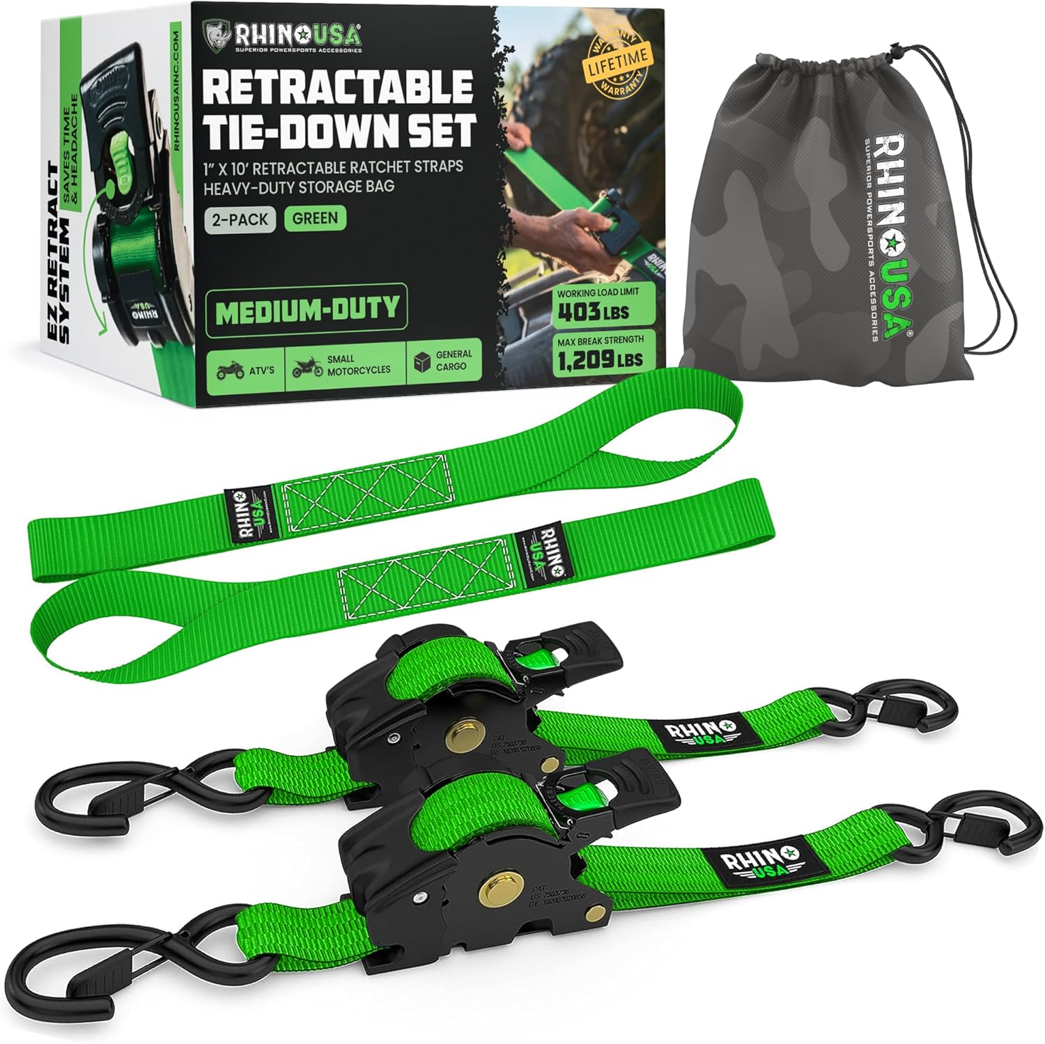 Rhino USA 2" x 10′ Self-Retracting Tie Downs – 4-Pack, 3,000+ lb Strength