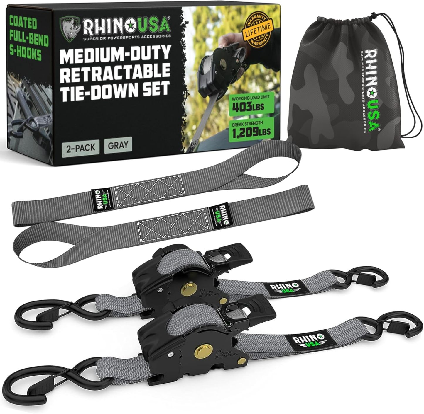 Rhino USA 2" x 10′ Self-Retracting Tie Downs – 4-Pack, 3,000+ lb Strength