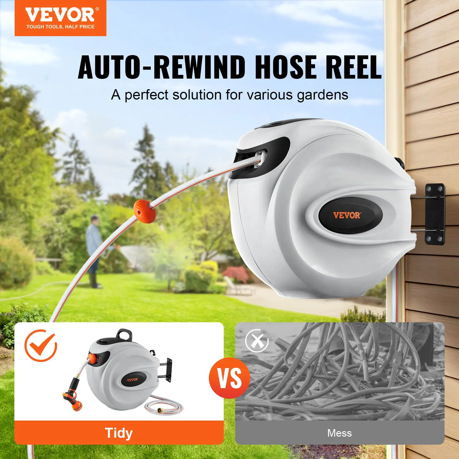 VEVOR Retractable Hose Reel, Various specifications, 100'x1/2" 180° Swivel with 9-Pattern Nozzle, Automatic Rewind, Lock at Any Length, Slow Return System