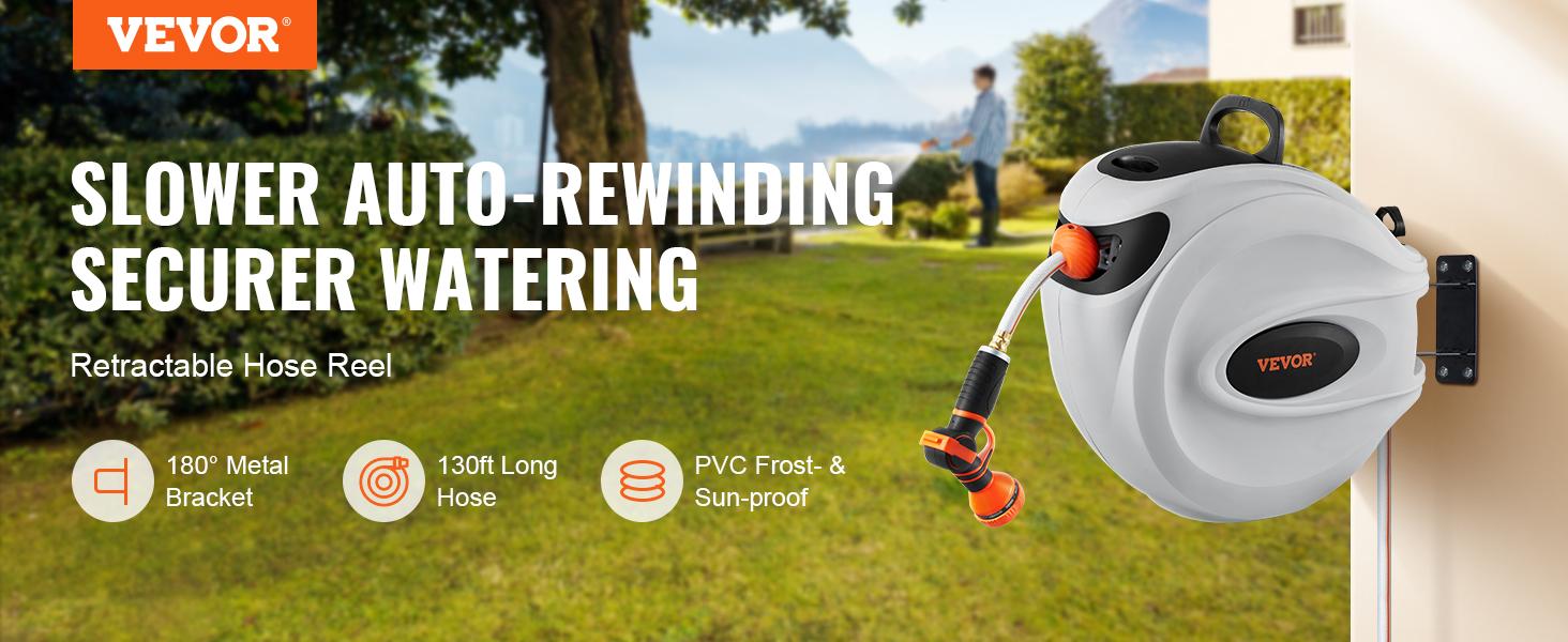 VEVOR Retractable Hose Reel, Various specifications, 100'x1/2" 180&deg; Swivel with 9-Pattern Nozzle, Automatic Rewind, Lock at Any Length, Slow Return System