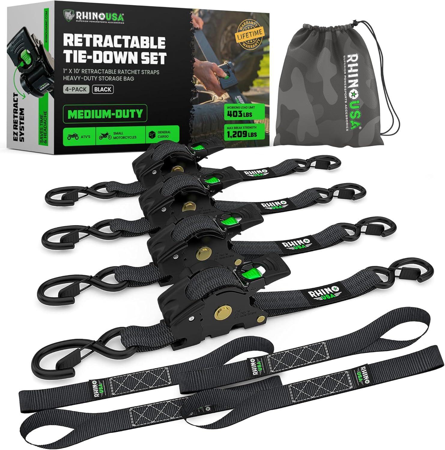 Rhino USA 2" x 10′ Self-Retracting Tie Downs – 4-Pack, 3,000+ lb Strength