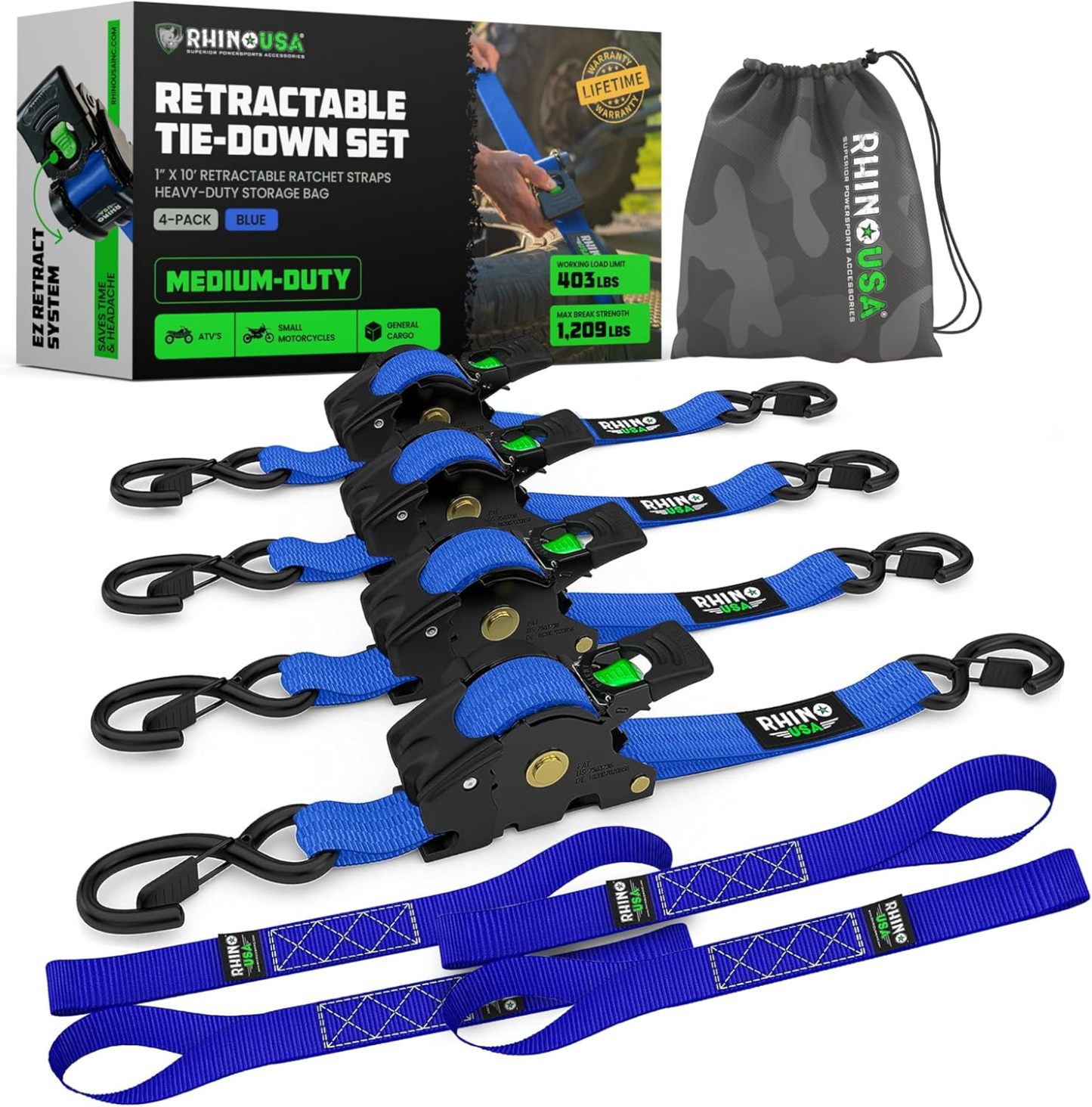 Rhino USA 2" x 10′ Self-Retracting Tie Downs – 4-Pack, 3,000+ lb Strength