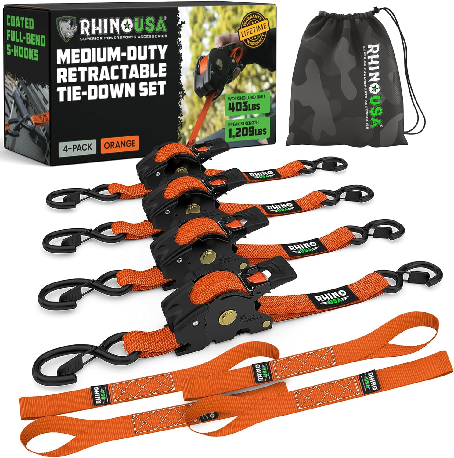 Rhino USA 2" x 10′ Self-Retracting Tie Downs – 4-Pack, 3,000+ lb Strength