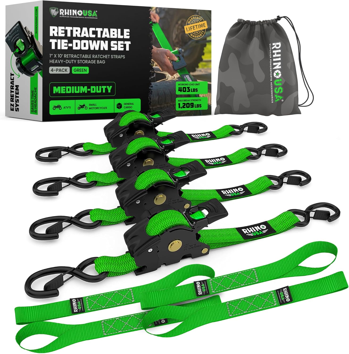 Rhino USA 2" x 10′ Self-Retracting Tie Downs – 4-Pack, 3,000+ lb Strength