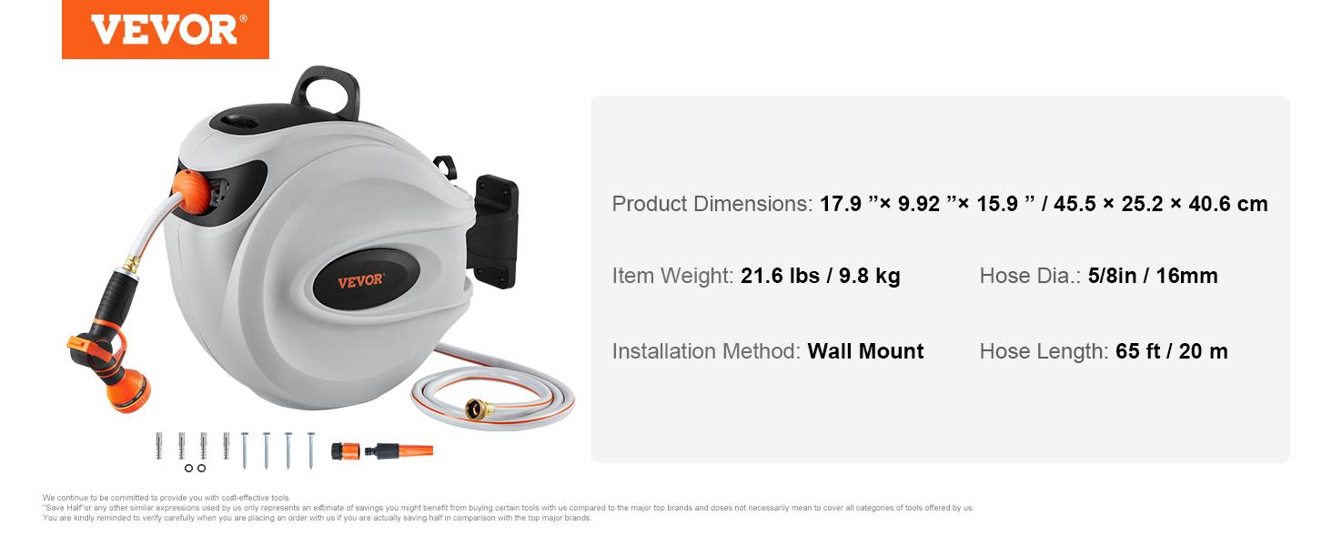 VEVOR Retractable Hose Reel, Various specifications, 100'x1/2" 180&deg; Swivel with 9-Pattern Nozzle, Automatic Rewind, Lock at Any Length, Slow Return System