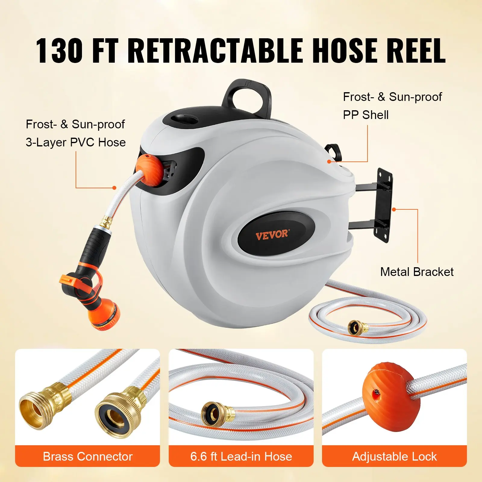 VEVOR Retractable Hose Reel, Various specifications, 100'x1/2" 180° Swivel with 9-Pattern Nozzle, Automatic Rewind, Lock at Any Length, Slow Return System
