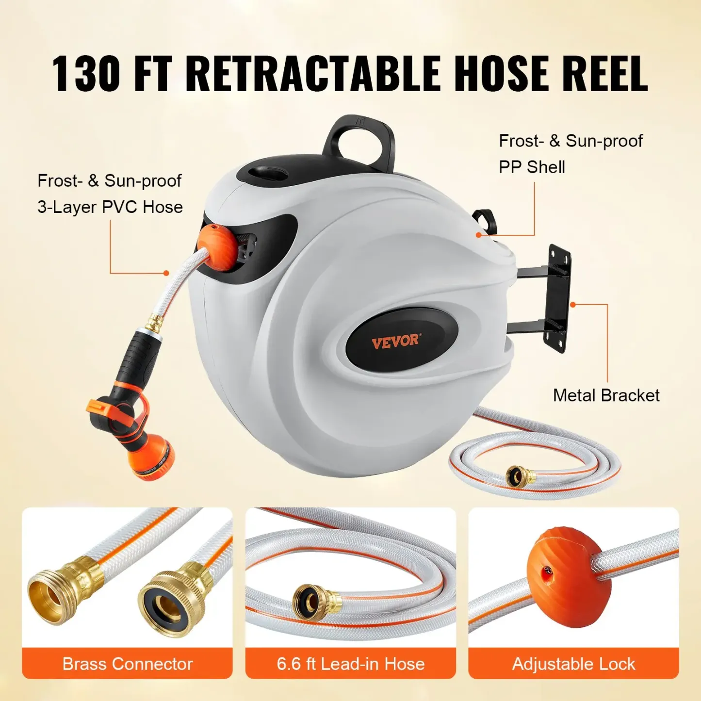 VEVOR Retractable Hose Reel, Various specifications, 100'x1/2" 180° Swivel with 9-Pattern Nozzle, Automatic Rewind, Lock at Any Length, Slow Return System