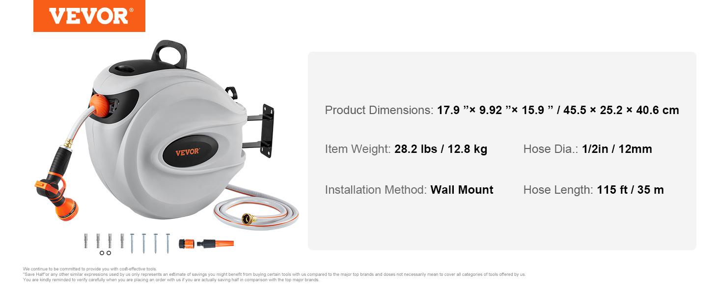 VEVOR Retractable Hose Reel, Various specifications, 100'x1/2" 180&deg; Swivel with 9-Pattern Nozzle, Automatic Rewind, Lock at Any Length, Slow Return System
