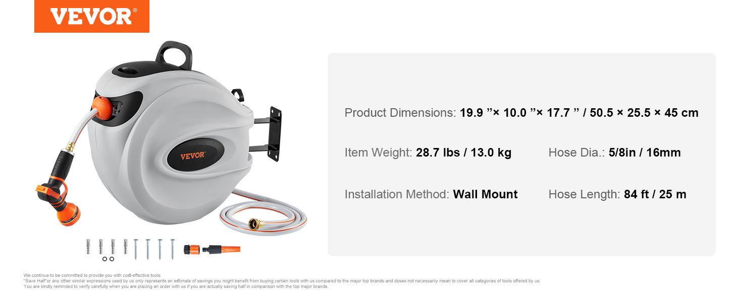 VEVOR Retractable Hose Reel, Various specifications, 100'x1/2" 180&deg; Swivel with 9-Pattern Nozzle, Automatic Rewind, Lock at Any Length, Slow Return System