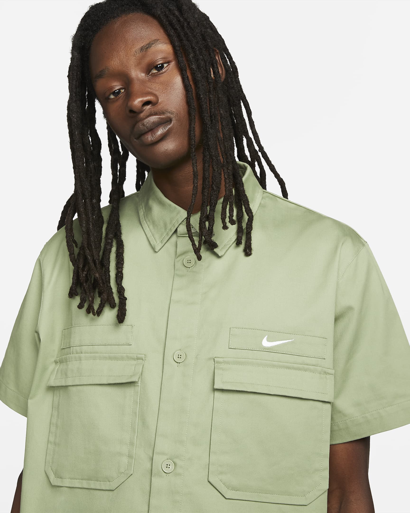 Men's Woven Military Short-Sleeve Button-Down Shirt