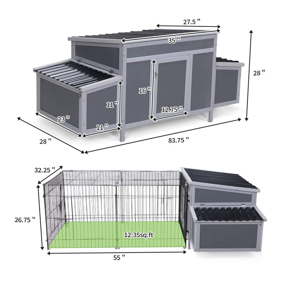 83.67 in. W x 27.56 in. H x 27.96 in. D Outdoor Wood Chicken Coop Poultry Fencing Wire Mesh Run Nesting Boxes